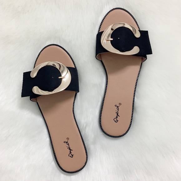 Faux Suede Gold Buckle Sandals - Picture 4 of 10